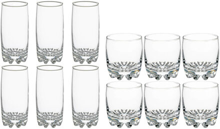 Set 12x stuks Tinn-serie water/drink glazen 310 en 380 ml van glas - Longdrinkglazen Transparant