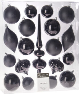 Set 19-delig kunststof kerstballen/ornamenten met piek zwart