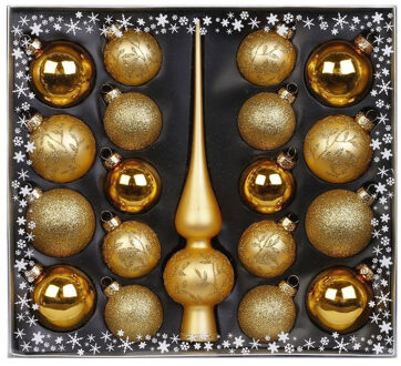 Set 19-delig met glazen kerstballen en piek goud Goudkleurig