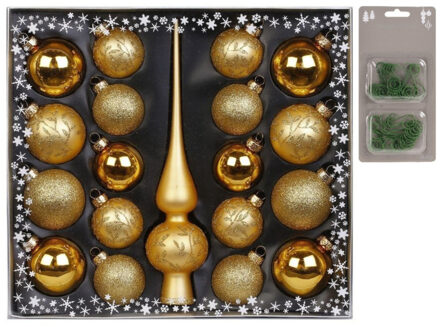 Set 19-delig met glazen kerstballen en piek goud incl 40x haakjes