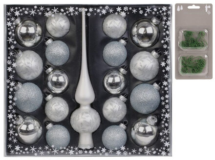 Set 19-delig met glazen kerstballen en piek zilver incl 40x haakjes - Kerstbal Zilverkleurig