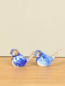 Set 2 glazen vogeltjes blauw/wit