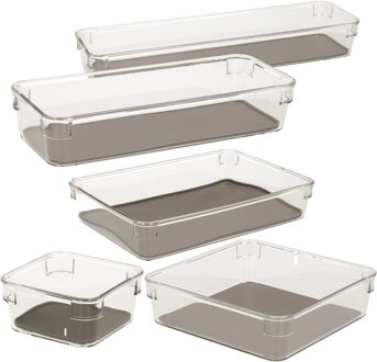 Set 5x bestekbakken/keuken organizers 1-vaks Tidy Smart transparant kunststof verschillende formaten - Bestekbakken