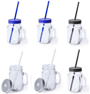 Set 6x Glazen Drinkbekers Dop/rietje 500 Ml Zilver/blauw/zwart - Drinkbekers