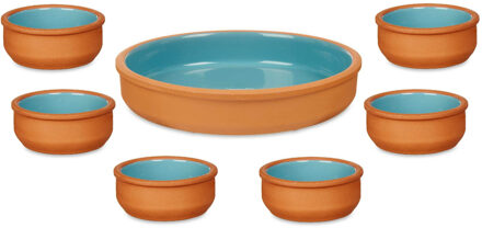 Set 7x tapas/creme brulee schaaltjes - terra/blauw - 6x 8 cm/1x 23 cm - Snack en tapasschalen