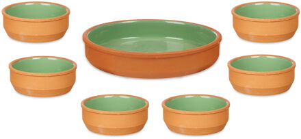 Set 7x tapas/creme brulee schaaltjes - terra/groen - 6x 12 cm/1x 23 cm - Snack en tapasschalen