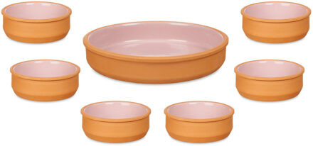 Set 7x tapas/creme brulee schaaltjes - terra/roze - 6x 12 cm/1x 23 cm - Snack en tapasschalen