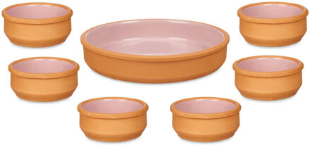 Set 7x tapas/creme brulee schaaltjes - terra/roze - 6x 8 cm/1x 23 cm - Snack en tapasschalen