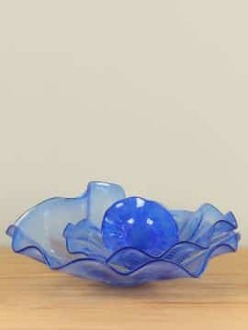 Set glazen schalen Bloem, kobalt met witte lijnen B005