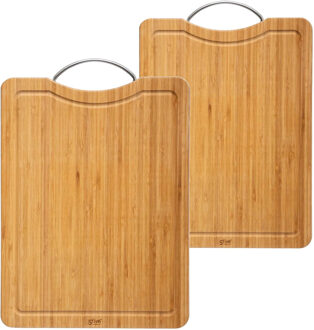 Set met 2x formaten snijplanken met metalen handvat van bamboe hout - Snijplanken Bruin