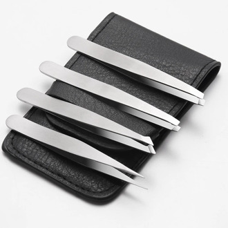 Set Of 4 Professional Stainless Steel Tweezers With Leather Pouch For Ingrown Hair Eyebrows Plucking Daily Beauty Tool