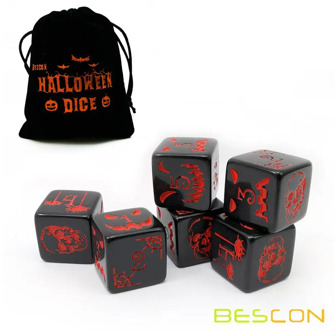 Set of 6 Bescon Halloween Dice 6 Sides in Solid Black, 6 Sided Halloween Dice Set in Velvet Pouch