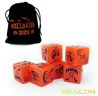 Set of 6 Bescon Luminous Halloween Dice 6 Sides, Glow in Dark 6 Sided Halloween Dice Set in Velvet Pouch