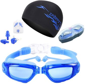 Set Professionele Zwembril Volwassenen Waterdichte Zwemmen Bril Anti-Uv Waterdicht Anti-Fog Verstelbare Bril blauw gewoon