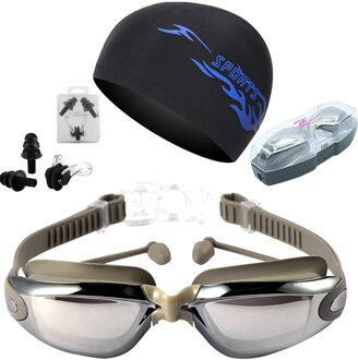 Set Professionele Zwembril Volwassenen Waterdichte Zwemmen Bril Anti-Uv Waterdicht Anti-Fog Verstelbare Bril grijs Plating
