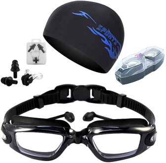 Set Professionele Zwembril Volwassenen Waterdichte Zwemmen Bril Anti-Uv Waterdicht Anti-Fog Verstelbare Bril zwart gewoon