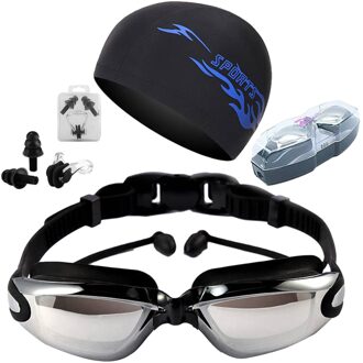 Set Professionele Zwembril Volwassenen Waterdichte Zwemmen Bril Anti-Uv Waterdicht Anti-Fog Verstelbare Bril zwart Plating