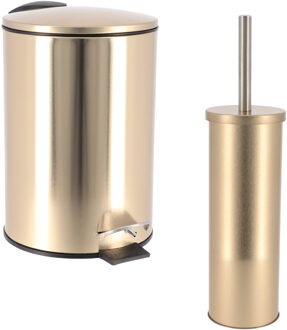 Set Prullenbak en Toiletborstel - goud - metaal/rvs - badkamer - toilet