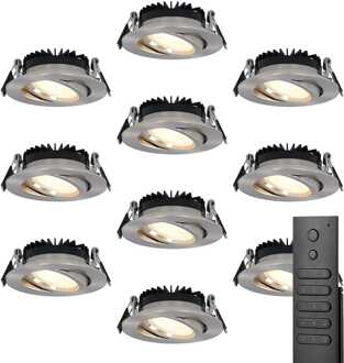Set van 10 stuks LED inbouwspots Rome RVS IP44 6 Watt 2700K dimbaar kantelbaar incl. afstandsbediening 5 jaar garantie