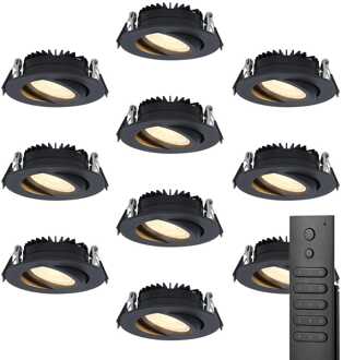 Set van 10 stuks LED inbouwspots Rome zwart IP44 6 Watt 2700K dimbaar kantelbaar incl. afstandsbediening 5 jaar garantie