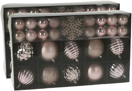 Set van 100x stuks kunststof kerstballen en sneeuwvlok kersthangers roze