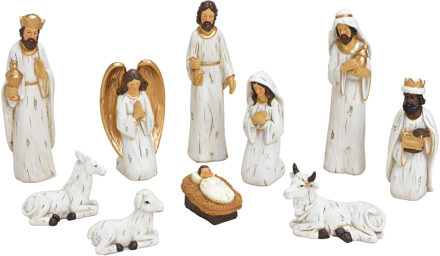 Set van 10x stuks kerststal beelden/kerstbeelden wit met goud 5-21 cm