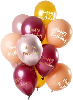 Set van 12 balonnen Happy Birthday metallic roze goud