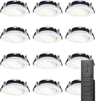 Set van 12 stuks LED inbouwspots Rome wit IP44 6 Watt 2700K dimbaar kantelbaar incl. afstandsbediening 5 jaar garantie