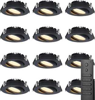 Set van 12 stuks LED inbouwspots Rome zwart IP44 6 Watt 2700K dimbaar kantelbaar incl. afstandsbediening 5 jaar garantie