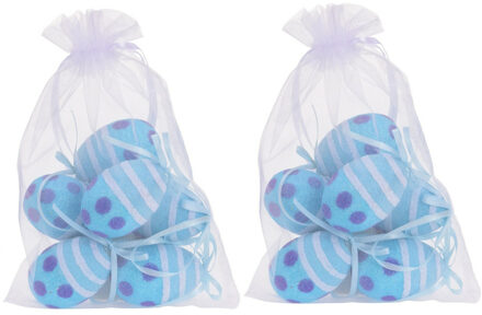 Set van 12x decoratie paaseieren hangend - blauw glitter - piepschuim - 6 cm