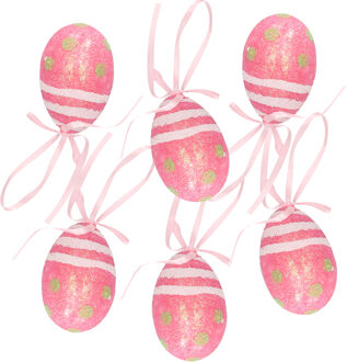 Set van 12x decoratie paaseieren hangend roze glitter - piepschuim - 6 cm