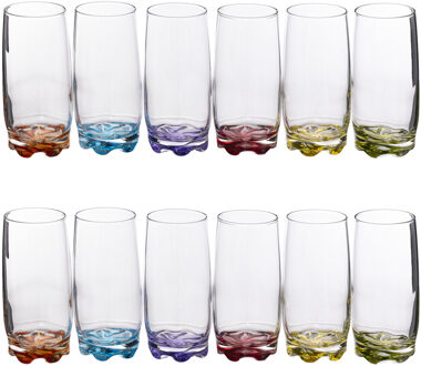 Set van 12x stuks drinkglazen/waterglazen kleurenmix 380 ml - Drinkglazen Transparant