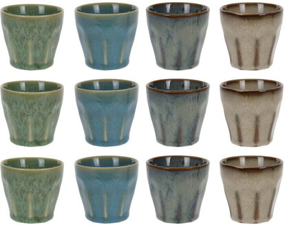 Set van 12x stuks kleine luxe gekleurde porseleinen bekers/koffiekopjes 90 ml