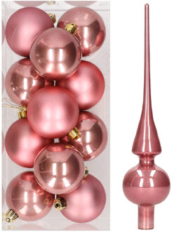 Set van 12x stuks kunststof kerstballen 6 cm inclusief glazen piek lichtroze - Kerstbal