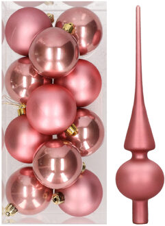 Set van 12x stuks kunststof kerstballen 6 cm inclusief glazen piek lichtroze - Kerstbal