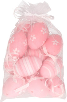 Set van 12x stuks paaseitjes roze in organza zakje 6 cm - Feestdecoratievoorwerp