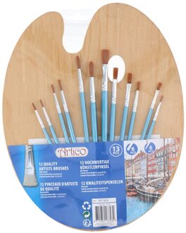 Set van 12x stuks schilder penselen met houten palet - Penselen Multikleur