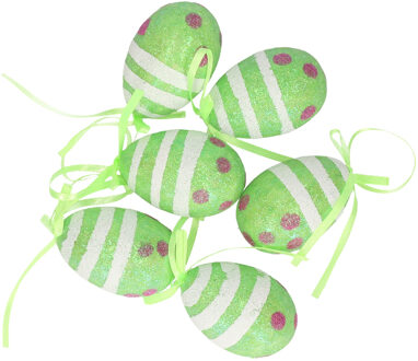 Set van 18x decoratie paaseieren hangend groen glitter - piepschuim - 6 cm - Feestdecoratievoorwerp