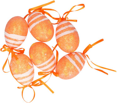 Set van 18x decoratie paaseieren hangend - oranje glitter - piepschuim - 6 cm - Feestdecoratievoorwerp