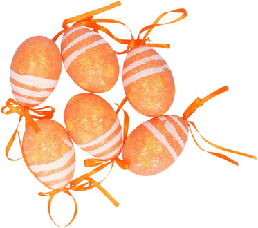 Set van 18x decoratie paaseieren hangend - oranje glitter - piepschuim - 6 cm