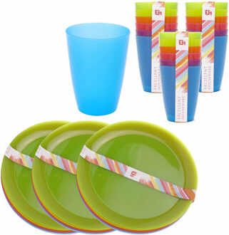 Set van 18x gekleurde borden en 18x gekleurde bekers kunststof voor kinderen