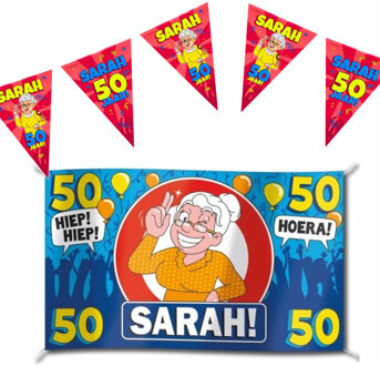 Set van 1x Sarah/50 jaar gevelvlag 90 x 150 cm en 3x vlaggenlijnen 10 meter