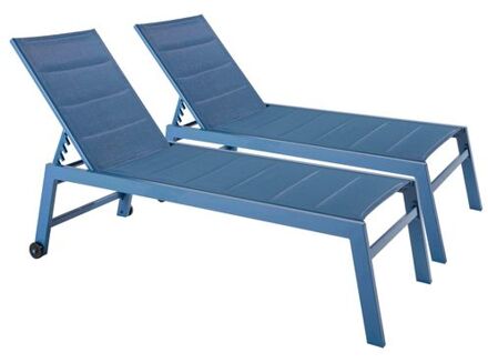 Set Van 2 Aluminium Ligstoelen Met Blauwe Textilene
