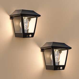Set van 2 Cairo - Solar Wandlamp - met PIR bewegingssensor - 3000K warm witte lichtbron - IP44 waterdicht - Zwart - Tuinverlichting - Buitenlamp