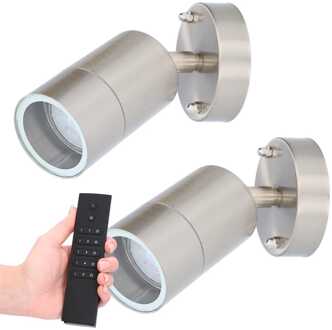 Set van 2 dimbare LED Wandlamp Lago - 2700K warm wit - RVS - IP44 waterdicht - GU10 fitting - Incl. dimmer met afstandsbediening