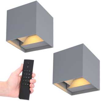 Set van 2 dimbare LED Wandlampen Kansas - grijs - 7 Watt 560 lumen - 3000K warm wit - Up & Down light - IP54 - Incl. dimmer met afstandsbediening