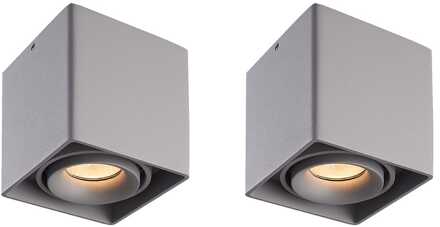 Set van 2 Esto LED vierkante opbouwspots - Dimbaar - Kantelbaar - 4 Watt 345 lumen - 2700K warm wit - GU10 - Plafondspot - Voor binnen - Vervangbare afdekring - Grijs