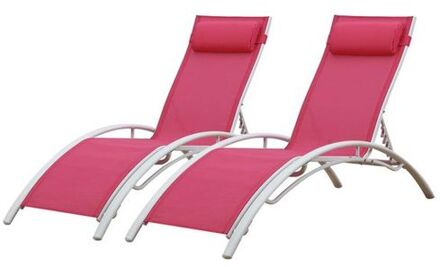 Set Van 2 Galapagos Ligstoelen In Roze Textilene - Wit Aluminium
