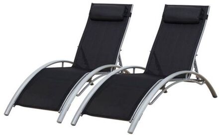 Set Van 2 Galapagos Ligstoelen In Zwart Textilene - Grijs Aluminium