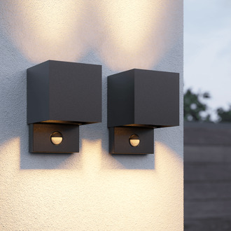 Set van 2 Kansas LED wandlamp PIR Sensor - IP65 - 3000K warm wit - 7 watt - Up & down light - Kubus - Voor buiten en binnen - Zwart